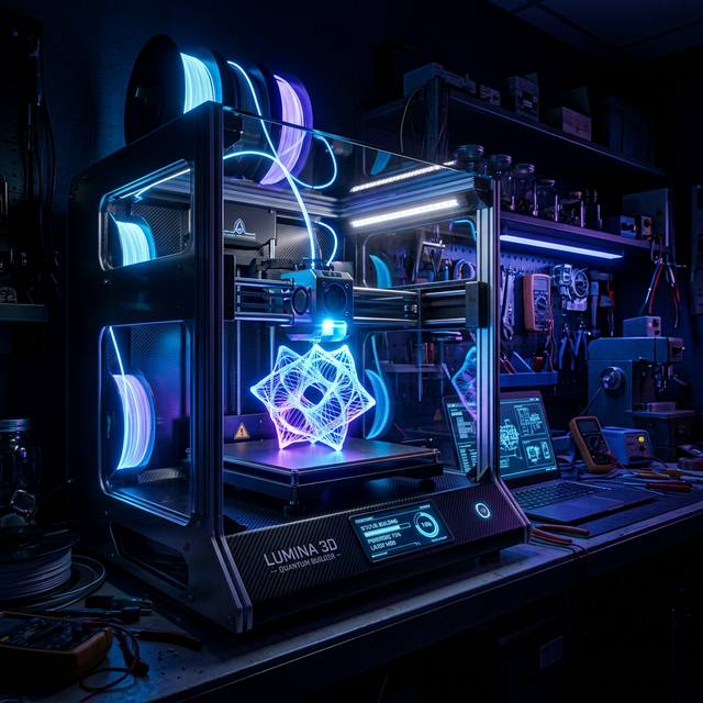 3D printer setup with blue accent lighting in a modern workshop